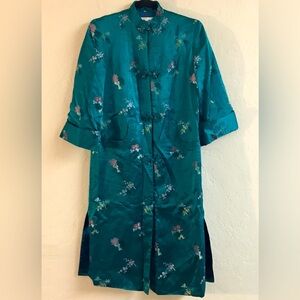 Vintage Peony Shanghai Asian Satin Floral Robe Kimono Coat Small Teal Green